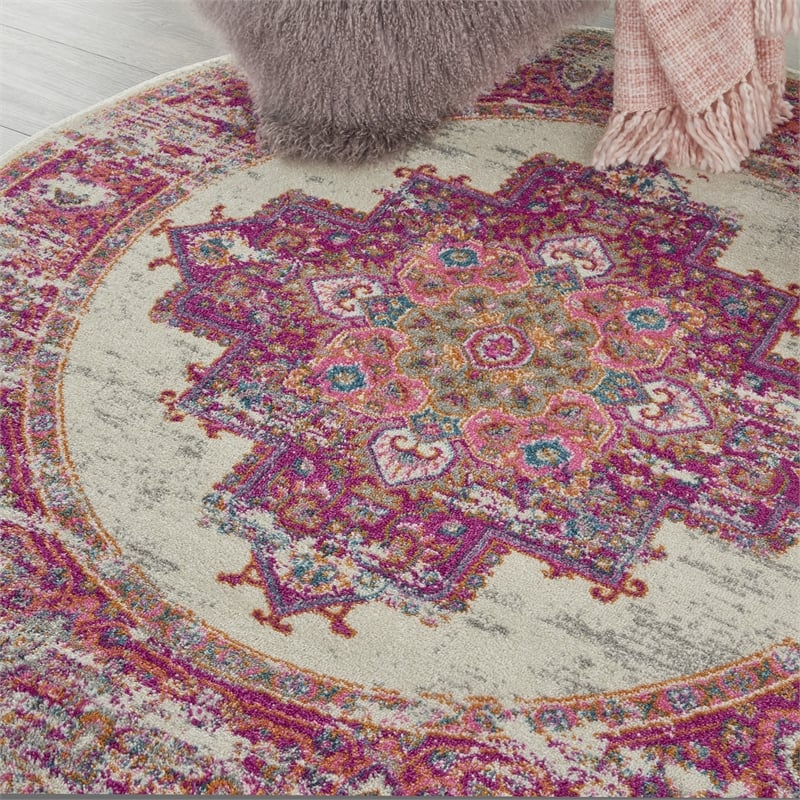 Nourison Passion 4' x Round Pink and White Fabric Bohemian Area Rug (4' Round)