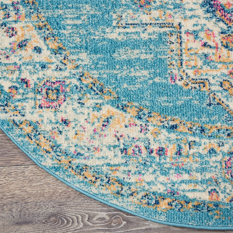 Nourison Passion 4' x Round Ivory Light Blue Fabric Bohemian Area Rug (4' Round)