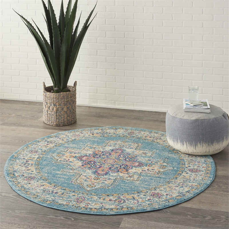 Nourison Passion 4' x Round Ivory Light Blue Fabric Bohemian Area Rug (4' Round)