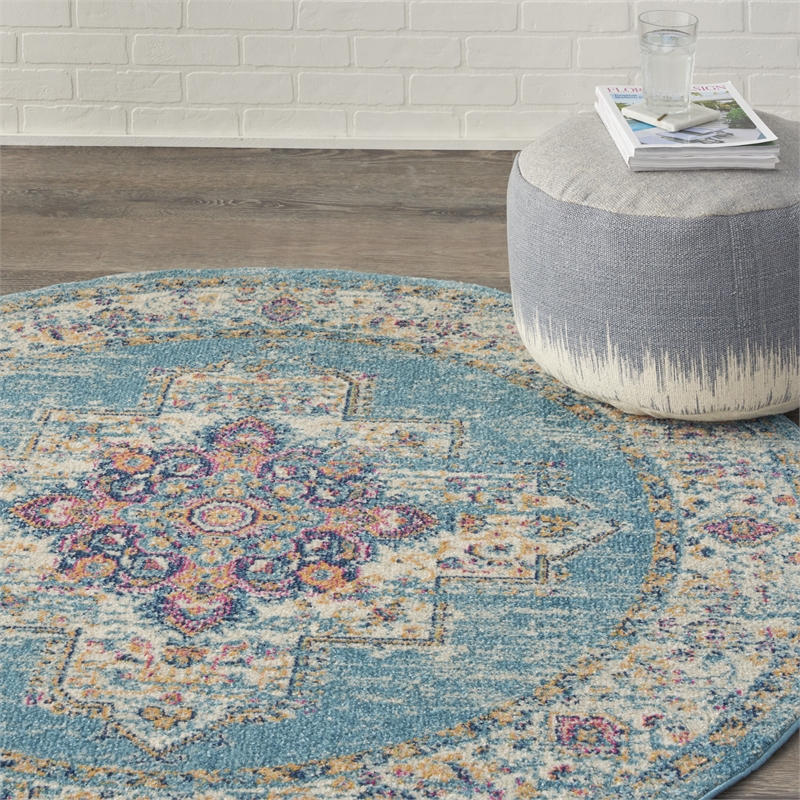 Nourison Passion 4' x Round Ivory Light Blue Fabric Bohemian Area Rug (4' Round)