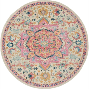 Nourison Passion 5' x Round Ivory Pink Fabric Bohemian Area Rug (5' Round)