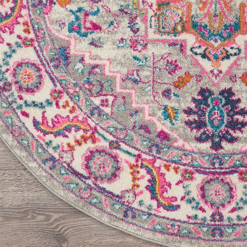Nourison Passion 5' x Round Gray and Pink Fabric Bohemian Area Rug (5' Round)