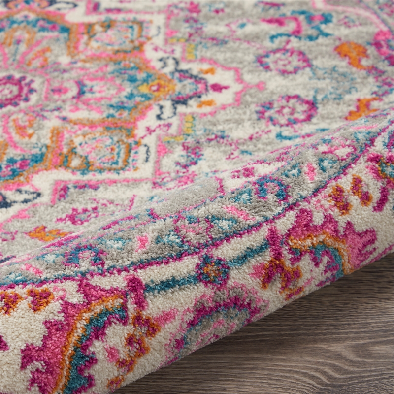 Nourison Passion 5' x Round Gray and Pink Fabric Bohemian Area Rug (5' Round)