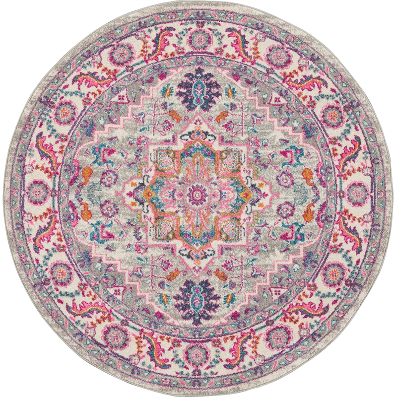 Nourison Passion 5' x Round Gray and Pink Fabric Bohemian Area Rug (5' Round)