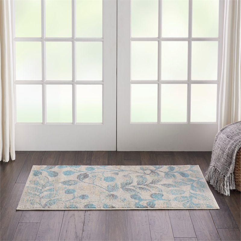 nourison tranquil 2' x 4' ivory/turquoise farmhouse indoor rug