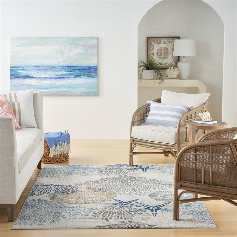 Nourison Pompeii 5' X 7' Ivory Gray Blue Fabric Nautical & Beach Area Rug