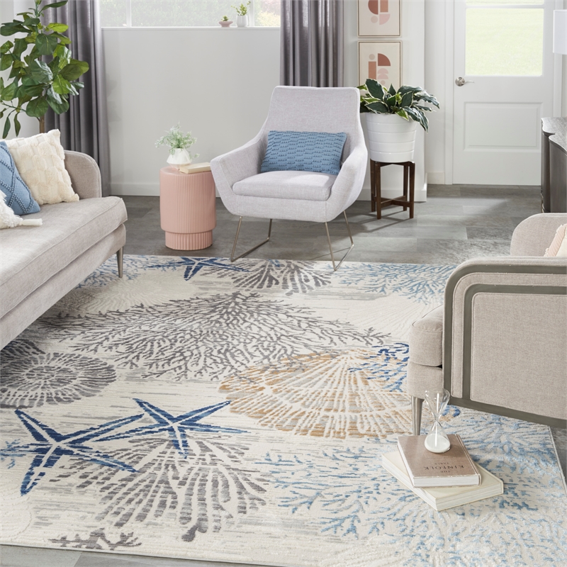 Nourison Pompeii 8' x 10' Ivory Gray Blue Fabric Nautical & Beach Area Rug