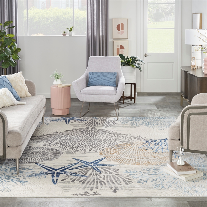 Nourison Pompeii 8' x 10' Ivory Gray Blue Fabric Nautical & Beach Area Rug