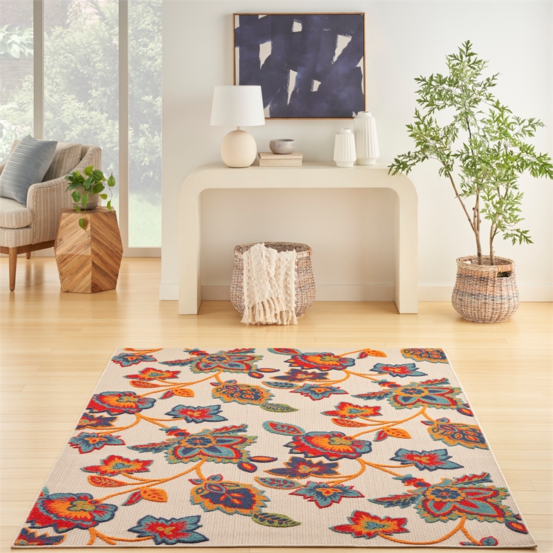 nourison aloha 108x144&quot farmhouse fabric outdoor rug in multi-color