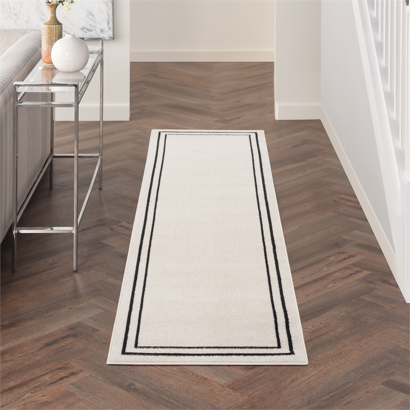 Nourison Essentials 2' x 6' Ivory/Black Contemporary Indoor/Outdoor Rug