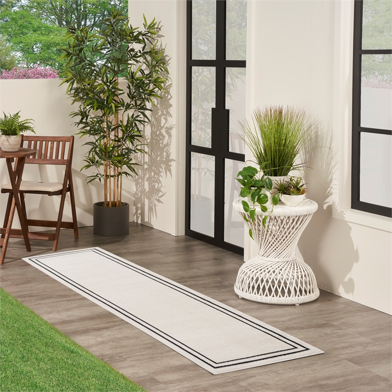 Nourison Essentials 2' x 6' Ivory/Black Contemporary Indoor/Outdoor Rug