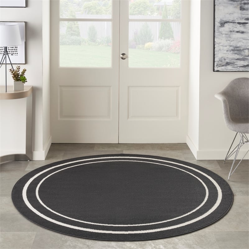 Nourison Essentials 4' x round Black Ivory Contemporary Indoor/Outdoor Rug