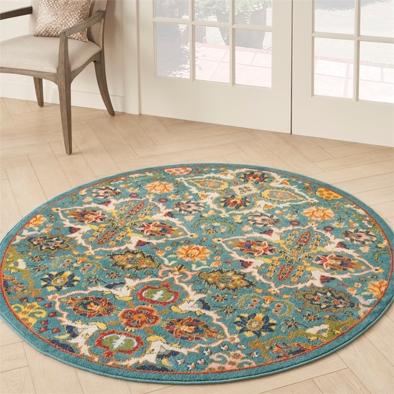 Nourison Allur 5' x Round Turquoise Ivory Fabric Bohemian Area Rug (5' Round)