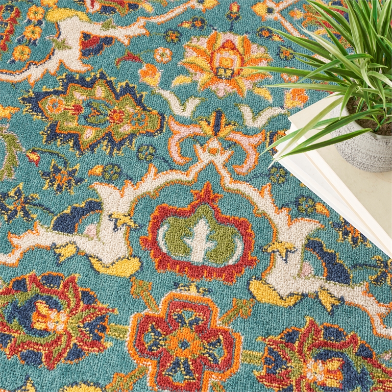 Nourison Allur 5' x Round Turquoise Ivory Fabric Bohemian Area Rug (5' Round)