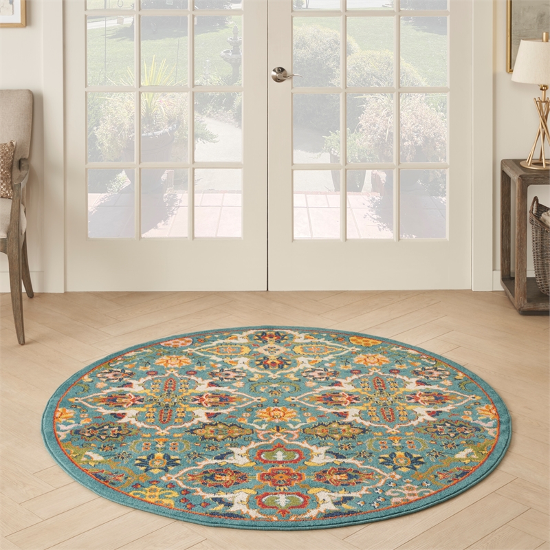Nourison Allur 5' x Round Turquoise Ivory Fabric Bohemian Area Rug (5' Round)