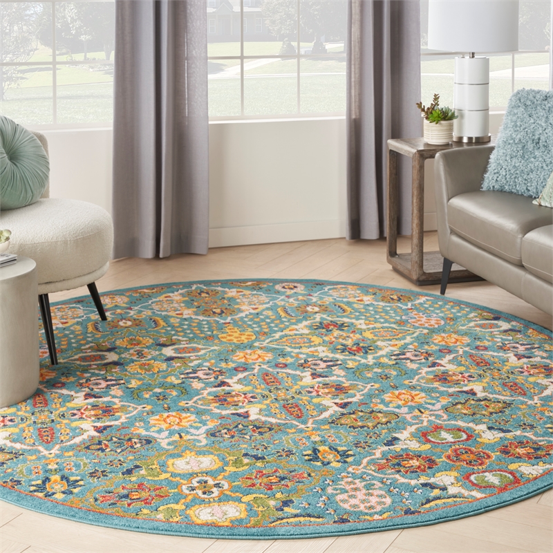 Nourison Allur 8' x Round Turquoise Ivory Fabric Bohemian Area Rug (8' Round)