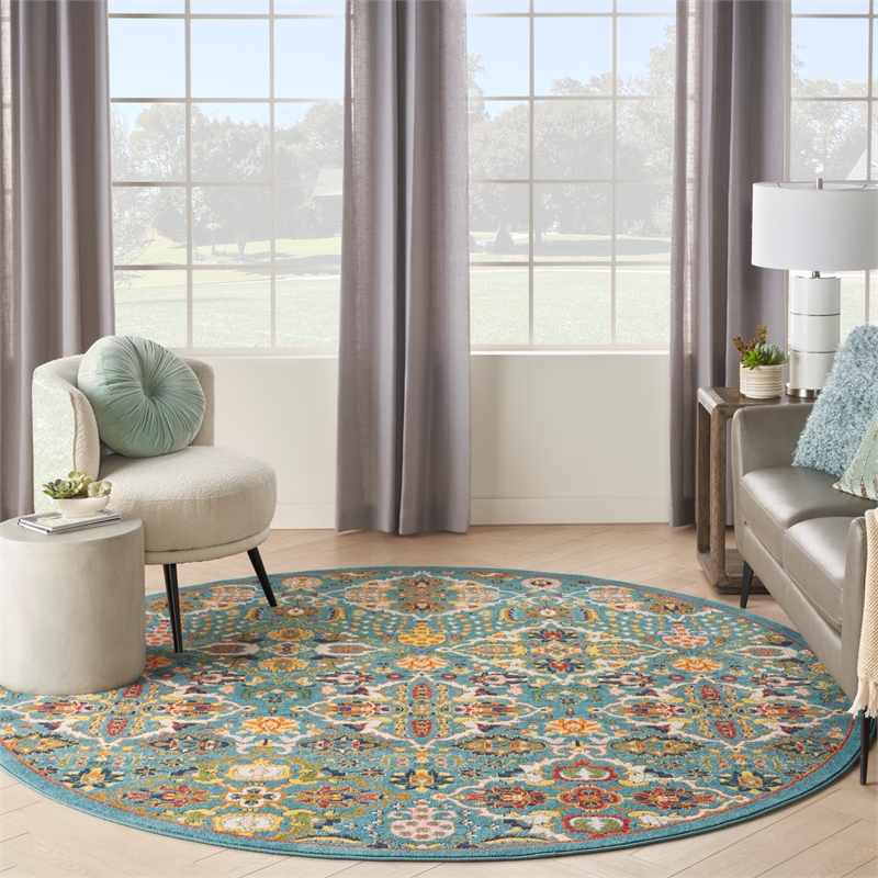 Nourison Allur 8' x Round Turquoise Ivory Fabric Bohemian Area Rug (8' Round)