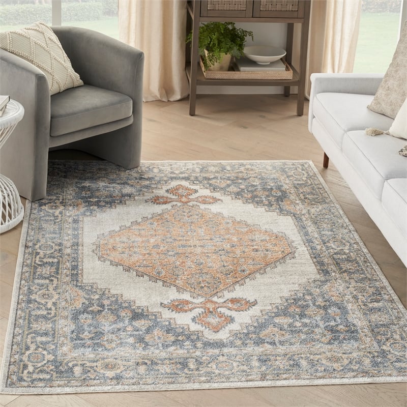 Nourison Home Astra Machine Washable 7' x 9' Blue Gold Fabric Area Rug