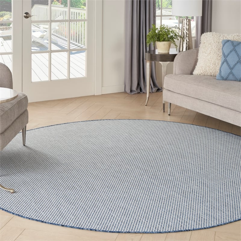 Nourison Courtyard 8' x Round Ivory Blue Fabric Modern Area Rug (8' Round)