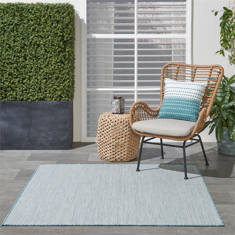 Nourison Courtyard 5' x Square Ivory Aqua Fabric Modern Area Rug (5' Square)