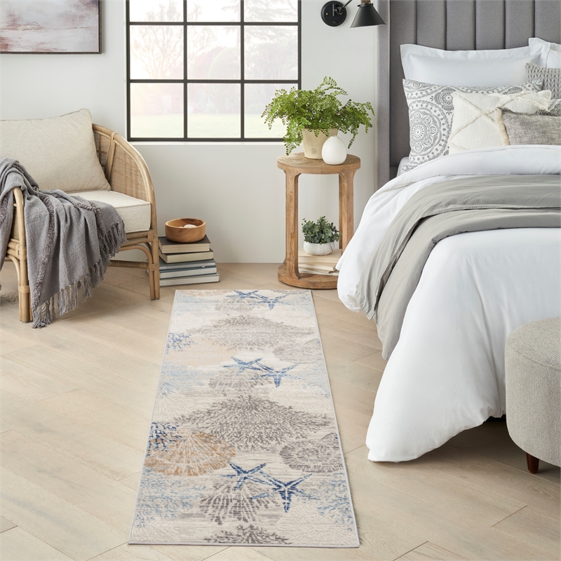 Nourison Pompeii 8' Runner Ivory Gray Blue Fabric Nautical & Beach Area Rug