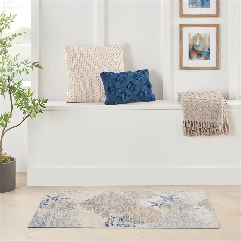 Nourison Pompeii 3' x 5' Ivory Gray Blue Fabric Nautical & Beach Area Rug