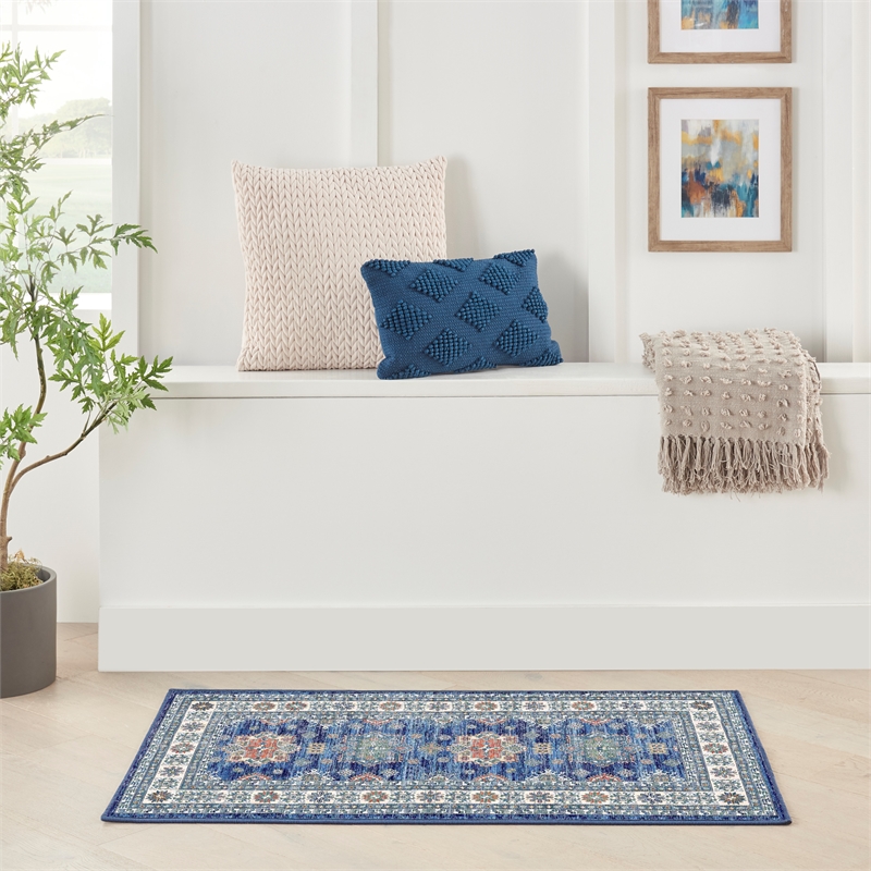 Nourison Home Fulton 5' Runner Fabric Blue Vintage Flatweave Indoor Area Rug