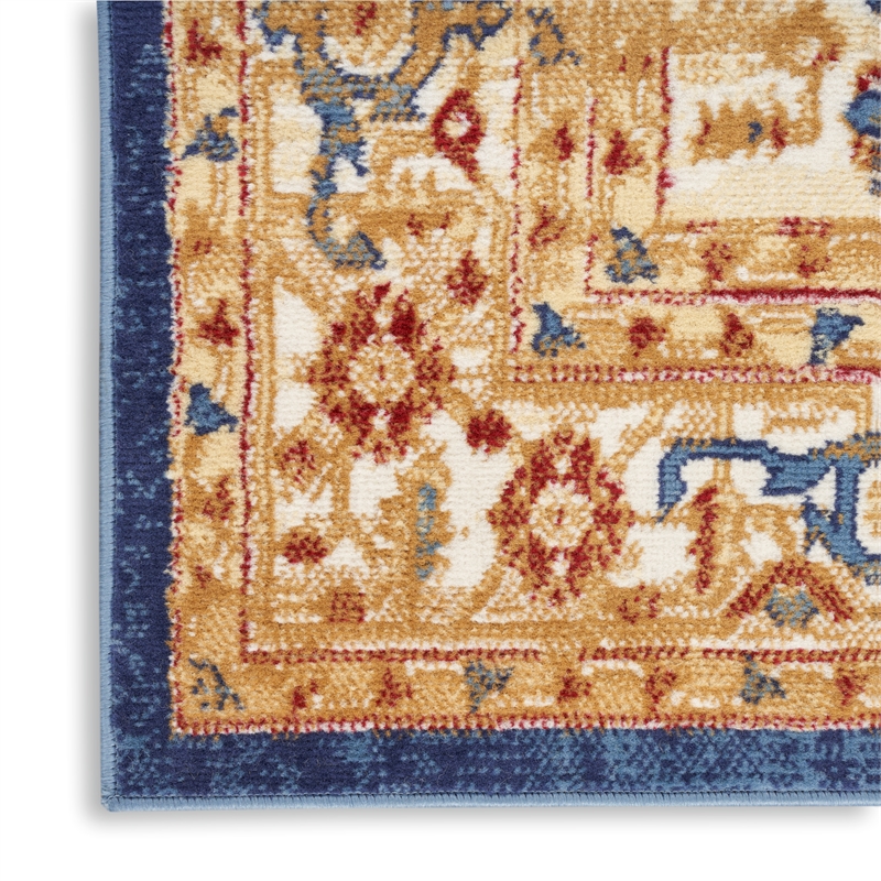 Nourison Home Grafix 8' Runner Fabric Navy Blue Gold Vintage Indoor Area Rug
