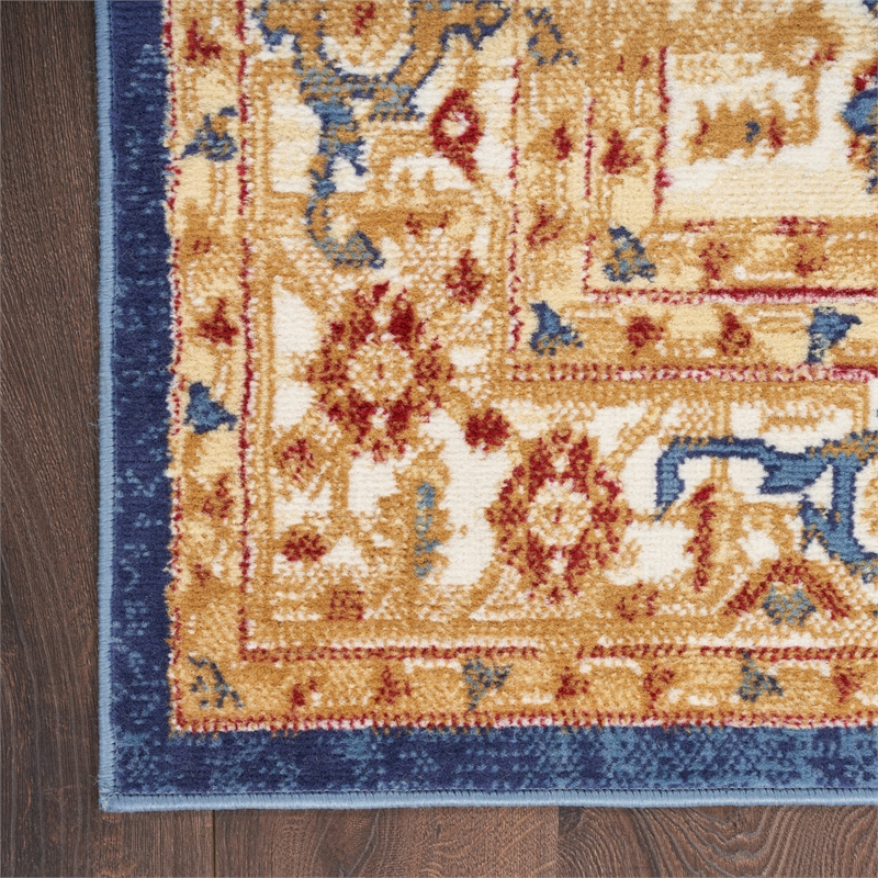 Nourison Home Grafix 8' Runner Fabric Navy Blue Gold Vintage Indoor Area Rug