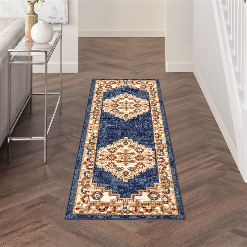 Nourison Home Grafix 8' Runner Fabric Navy Blue Gold Vintage Indoor Area Rug