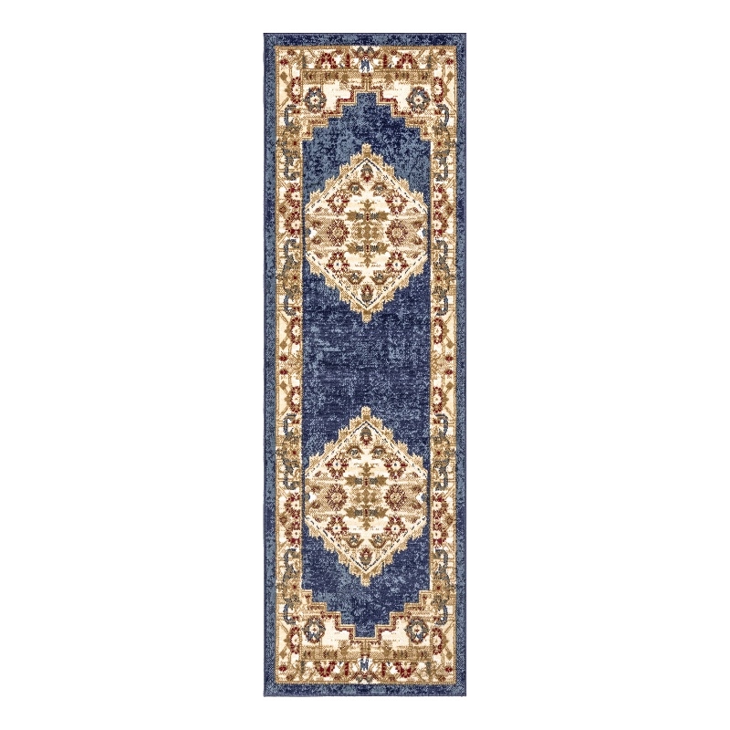 Nourison Home Grafix 8' Runner Fabric Navy Blue Gold Vintage Indoor Area Rug