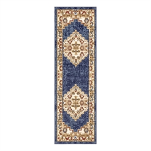 Nourison Home Grafix 8' Runner Fabric Navy Blue Gold Vintage Indoor Area Rug