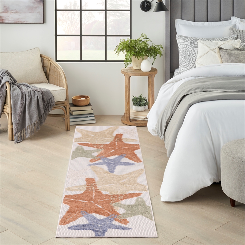 Nourison Aloha 2' x 6' Fabric Ivory/ Cream Multicolor Outdoor Rug