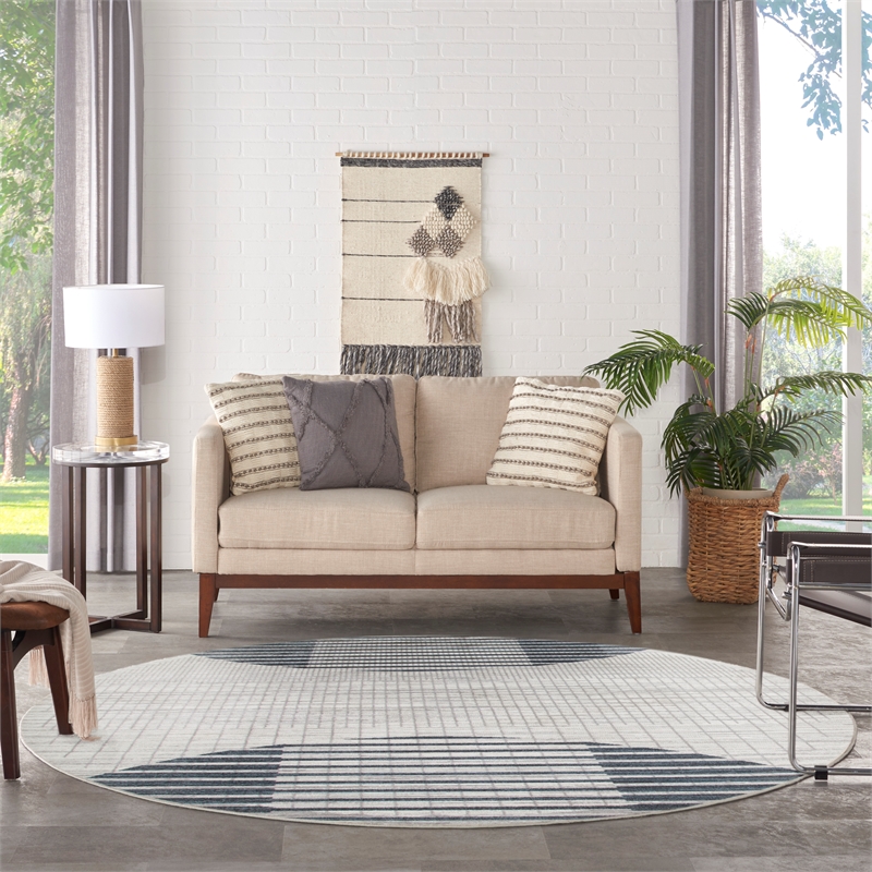 Astra Machine Washable 8' Round Fabric Ivory Blue Mid-Century Modern Indoor Rug