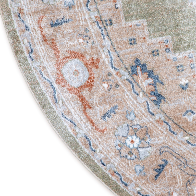 Astra Machine Washable 5' Round Fabric Sage Green Multicolor Vintage Indoor Rug