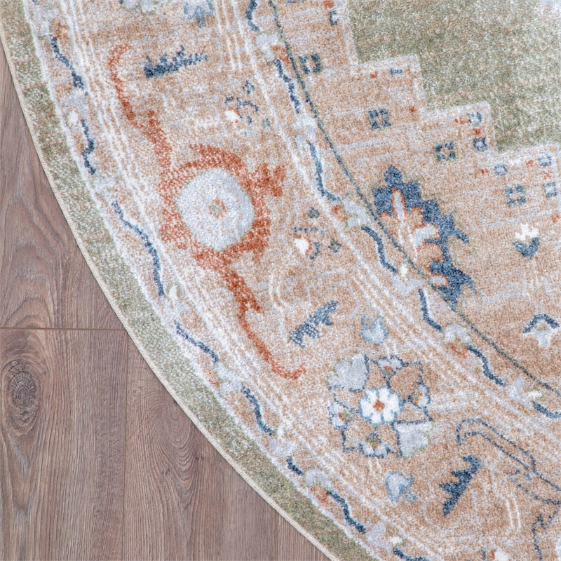 Astra Machine Washable 5' Round Fabric Sage Green Multicolor Vintage Indoor Rug