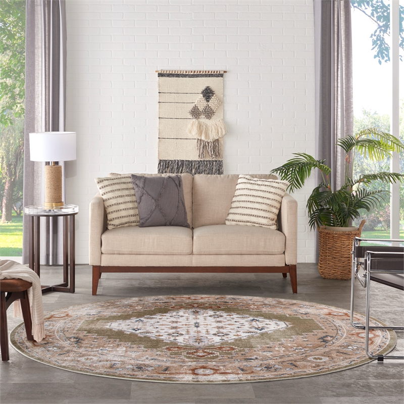 Astra Machine Washable 5' Round Fabric Sage Green Multicolor Vintage Indoor Rug