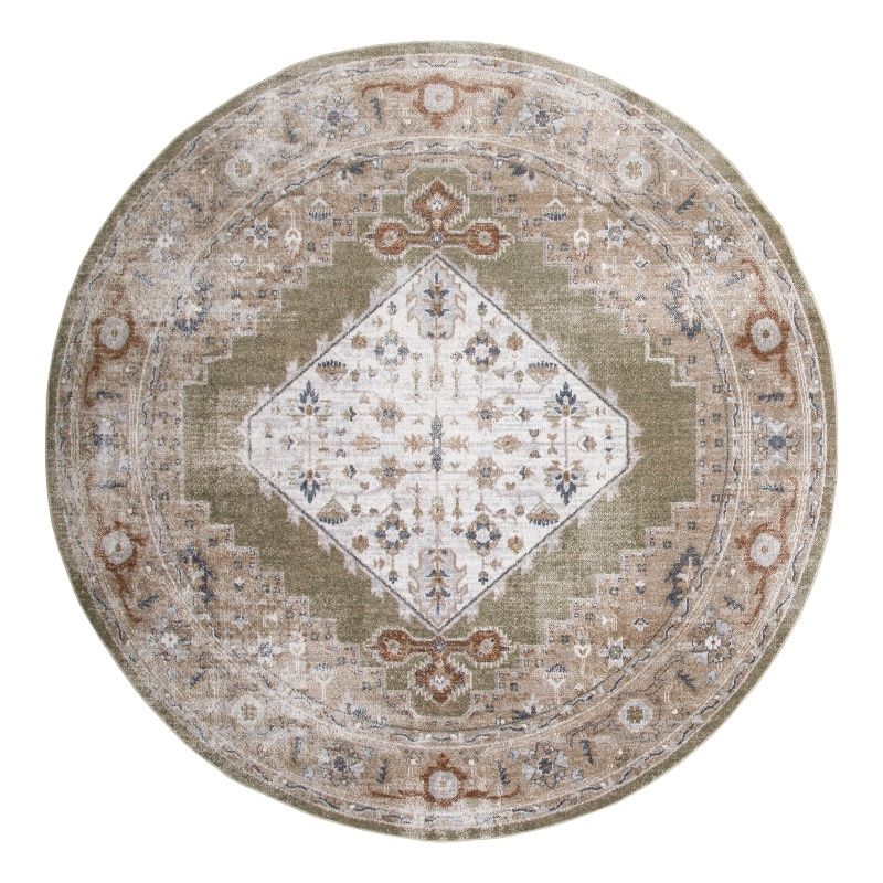 Astra Machine Washable 5' Round Fabric Sage Green Multicolor Vintage Indoor Rug