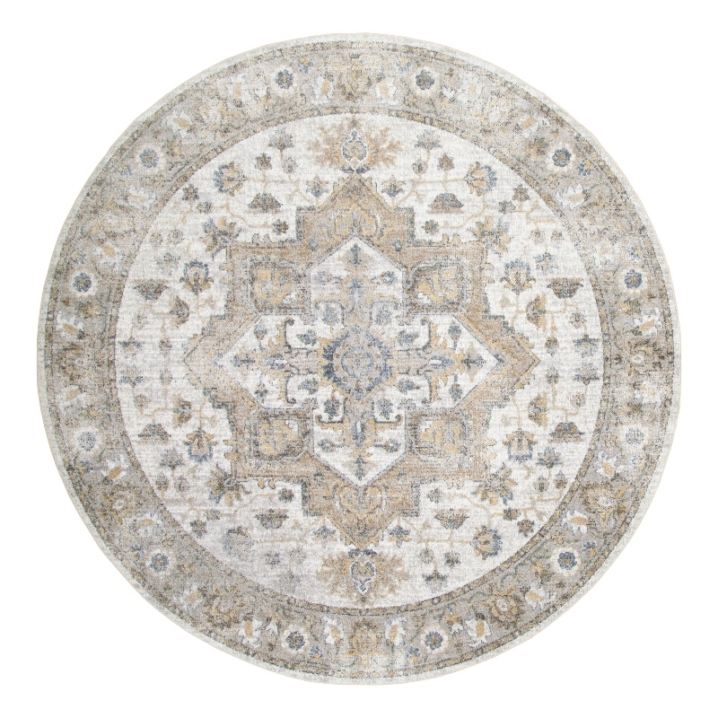 Astra Machine Washable 8' Round Fabric Silver Gray Vintage Indoor Rug