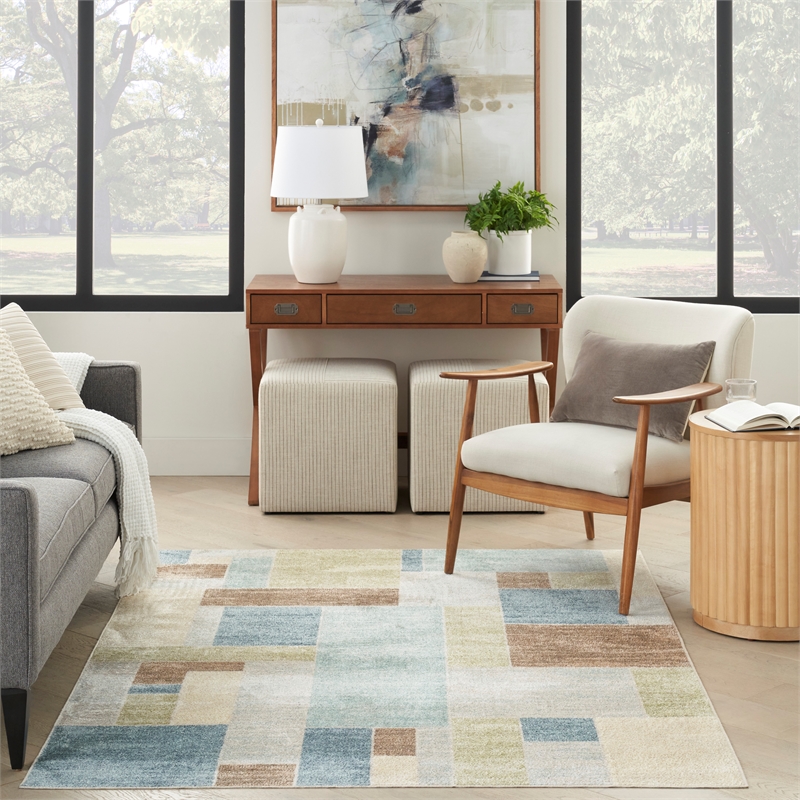 Astra Machine Washable 4' x 6' Blue Green Multi Modern Fabric Indoor Rug