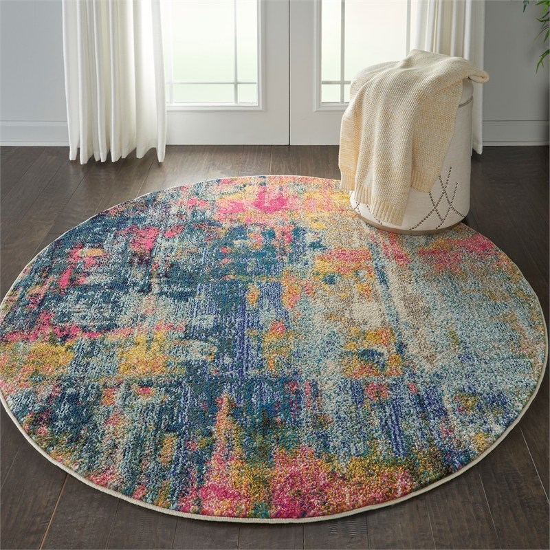 Celestial 4' x Round Blue/Yellow Modern & Contemporary Fabric Indoor Rug