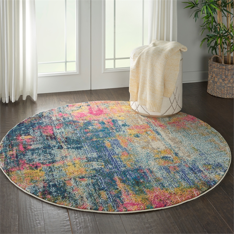 Celestial 4' x Round Blue/Yellow Modern & Contemporary Fabric Indoor Rug