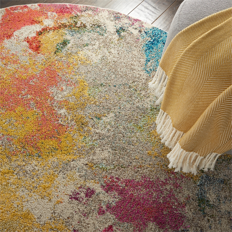 Celestial 4' x Round Ivory/Multicolor Modern & Contemporary Fabric Indoor Rug