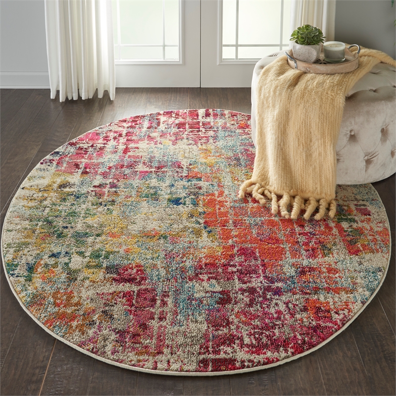 Celestial 4' x Round Pink/Multicolor Modern & Contemporary Fabric Indoor Rug