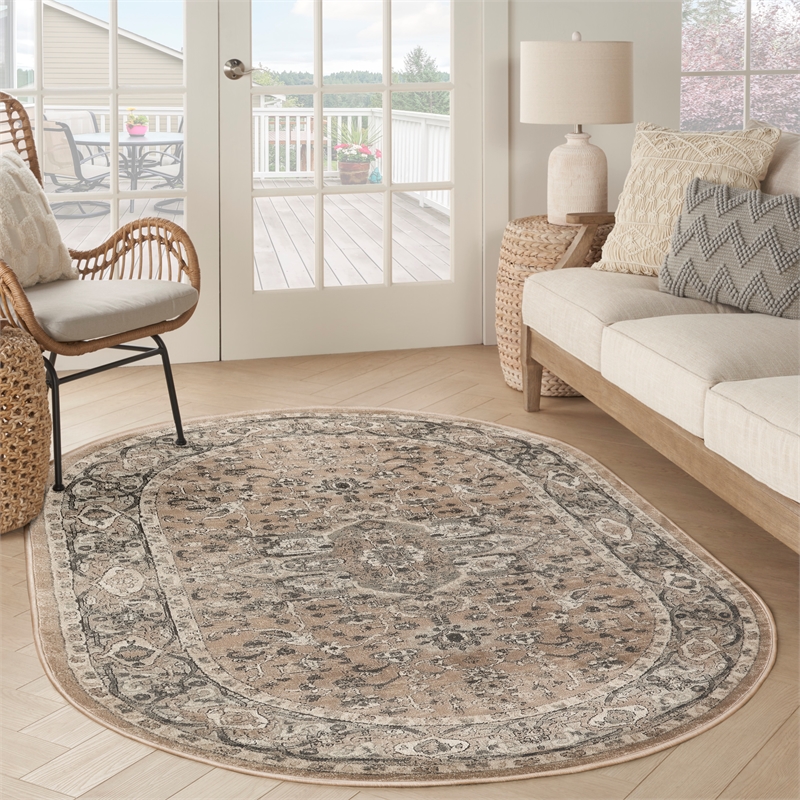 Nourison Concerto 5' x 8' Oval Beige Gray Fabric Farmhouse Area Rug (8' Oval)