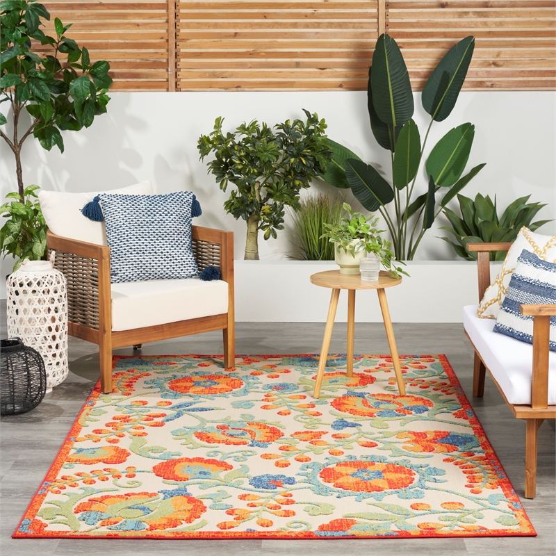 Nourison Aloha 6' x 9' Red Multicolor Fabric Farmhouse Area Rug (6' x 9')