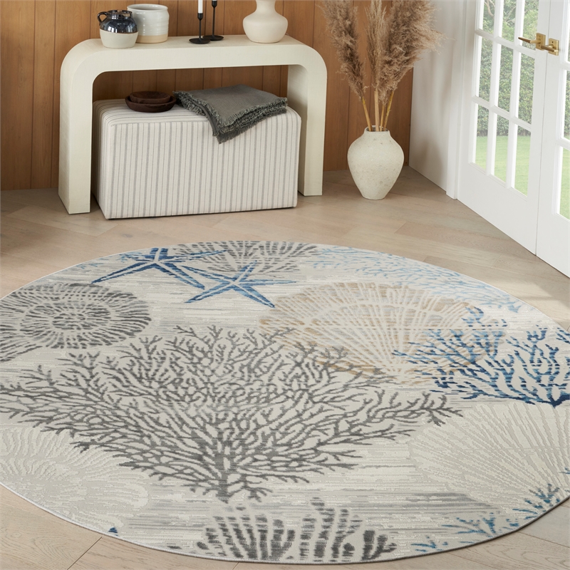Nourison Pompeii 8' x Round Ivory Gray Blue Fabric Nautical & Beach Area Rug