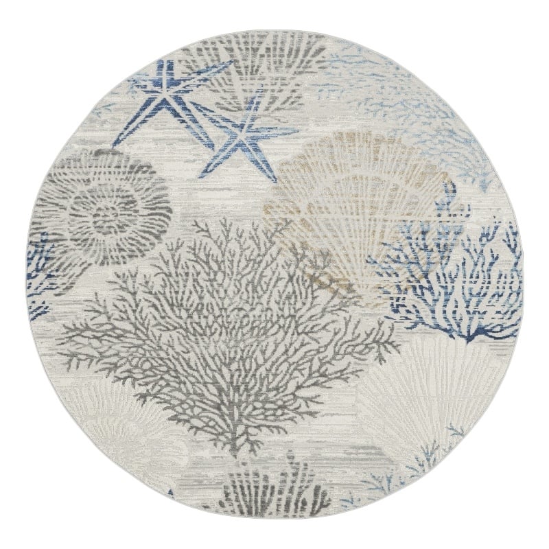 Nourison Pompeii 8' x Round Ivory Gray Blue Fabric Nautical & Beach Area Rug