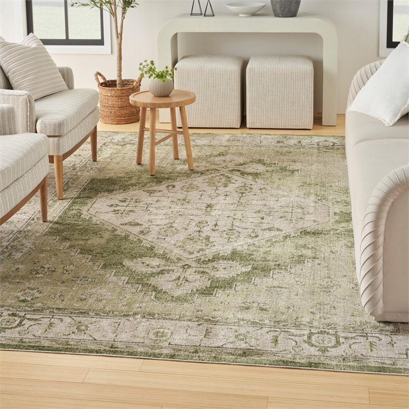 Nourison Home Astra Machine Washable 7' x 9' Fabric Ivory Green Area Rug