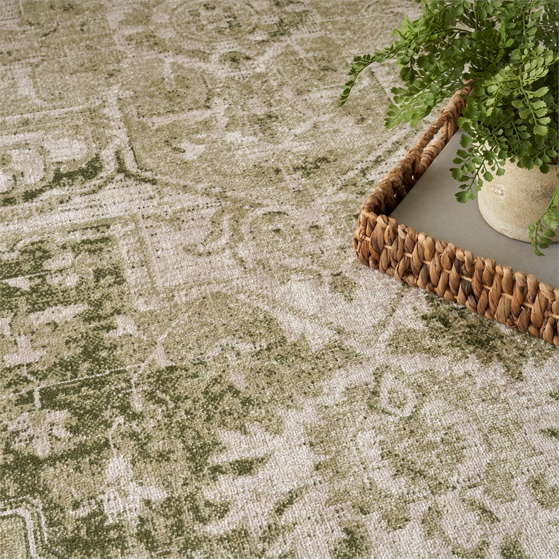 Nourison Home Astra Machine Washable 7' x 9' Fabric Ivory Green Area Rug